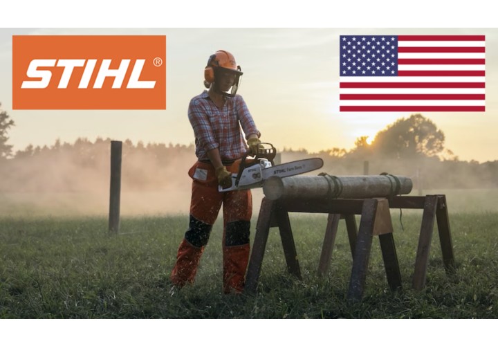 Female operator working chainsaw with Stihl logo and American Flag in background. 