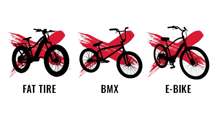 List of incompatible bikes like E-bikes, BMX bikes, and fat tire bikes for indoor bike trainers