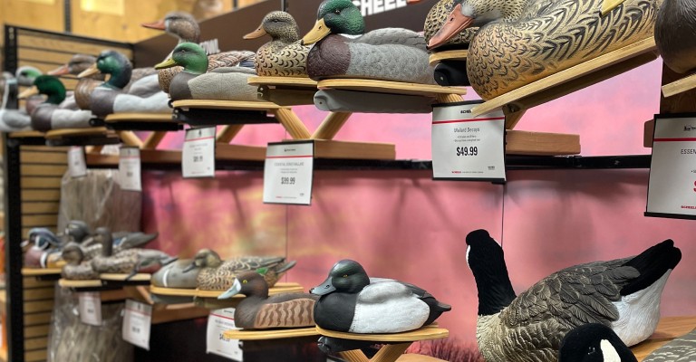 a wall of duck decoys at the rapid city scheels hunting shop
