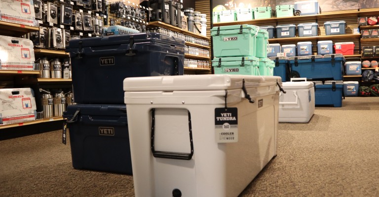 a variety of camping coolers at a scheels