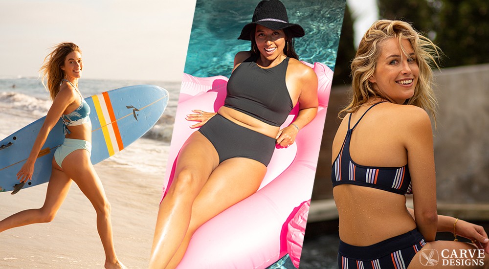 three women wearing different style swimsuits 