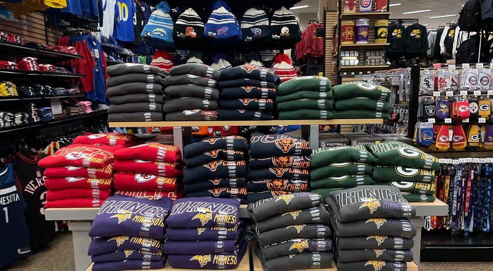 a variety of nfl team sweatshirts at cedar falls scheels fan shop