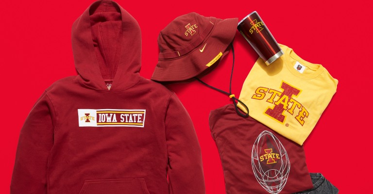 a variety of iowa state cyclones gear, sweatshirt, water bottle, hat, and tshirts