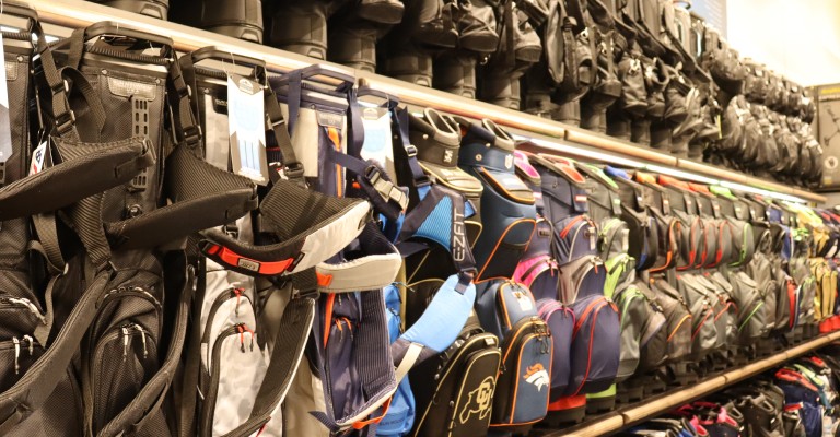 a variety of golf bags at colorado springs scheels golf shop