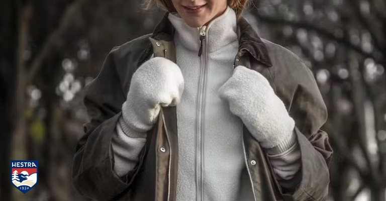 woman wearing cozy hestra gloves