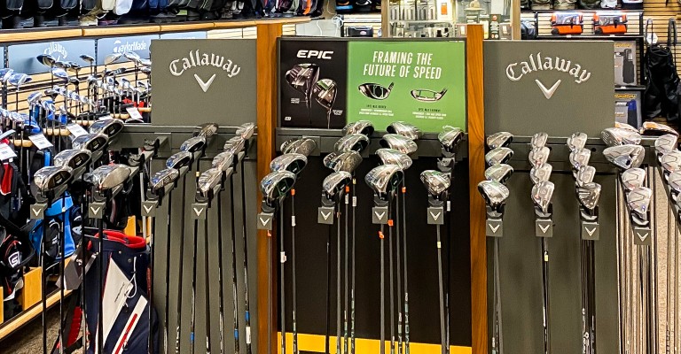 a variety of golf drivers at the golf shop in des moines scheels