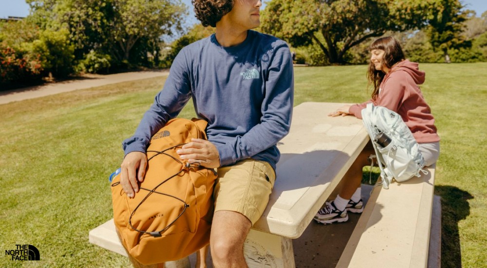 two people sitting at a picnic table with their backpacks