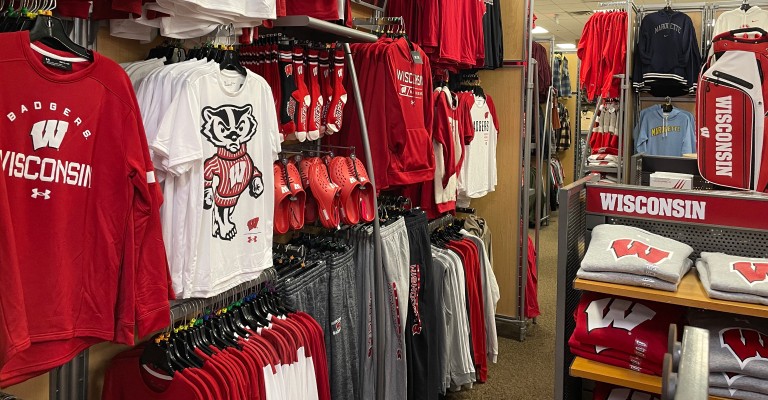 a selection of wisconsin badgers gear at eau claire scheels