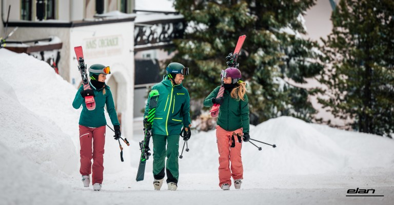 three friends at a ski resort elan