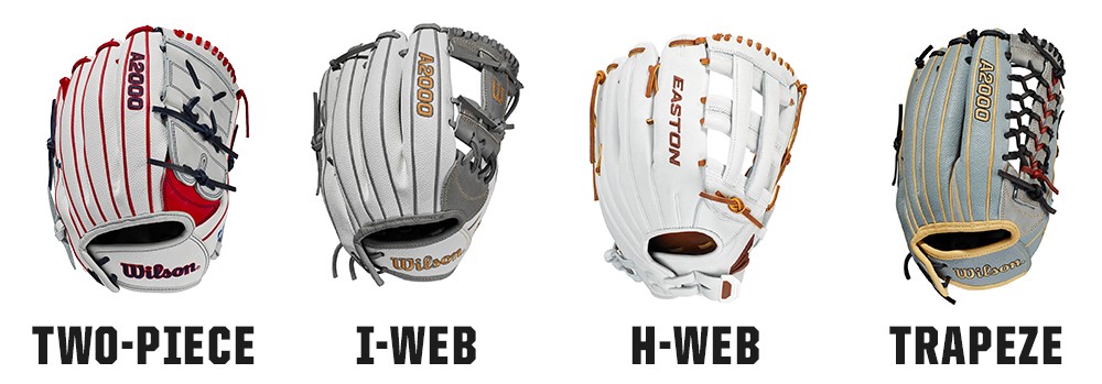 Softball glove webbings: Two-piece, I-web, H-web, and trapeze webbing