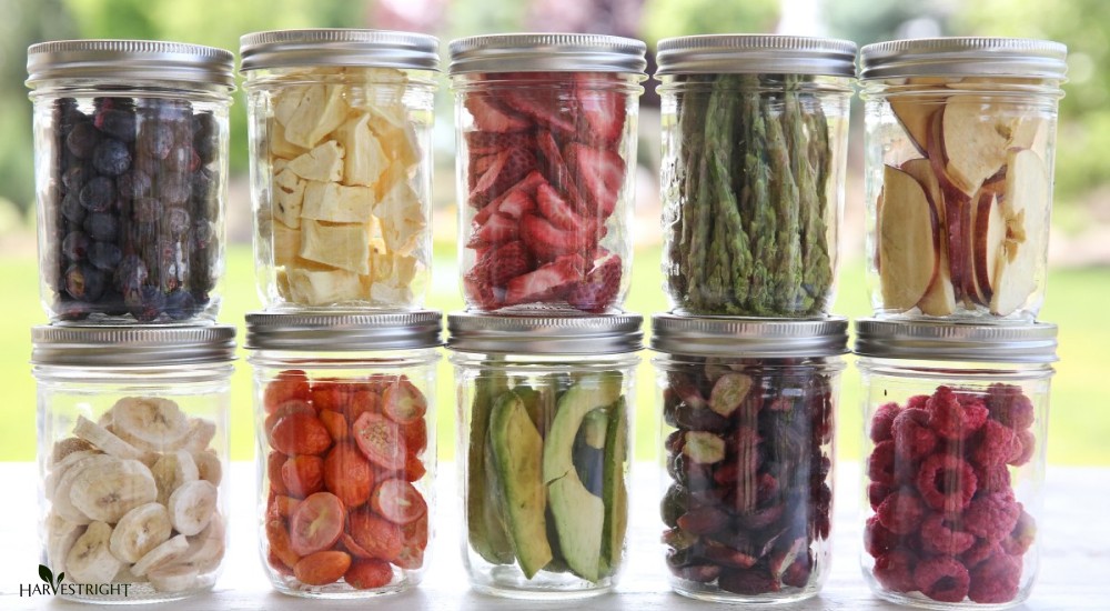 a variety of freeze dried fruits and veggies in canning jars