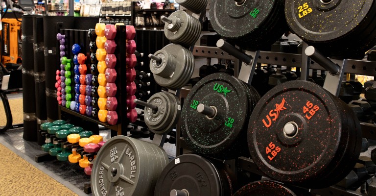a rack of weights at minot scheels