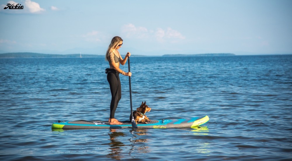 a girl paddle boarding with her dog