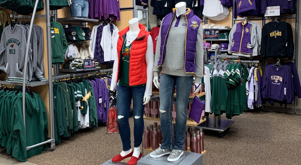  Vikings and Wild gear at the front of rochester scheels fan shop