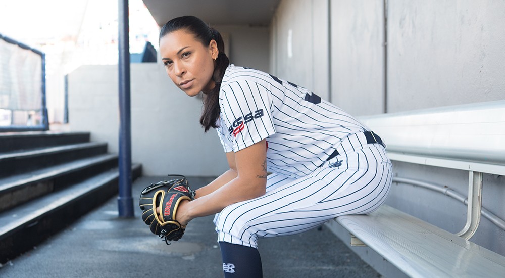 Player holding a softball glove