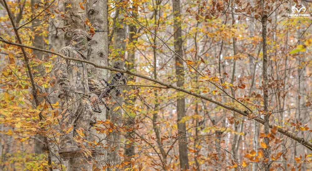 a hunter wearing realtree camo in the woods