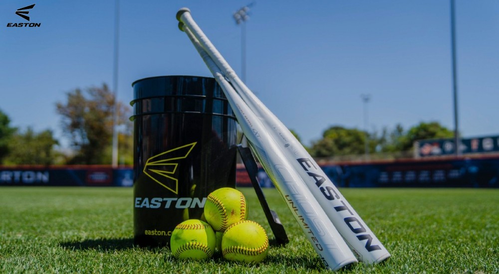 a bucket, softball bat, and softballs on the field